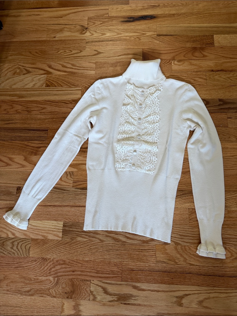 Off white Lace-Front Turtleneck Sweater